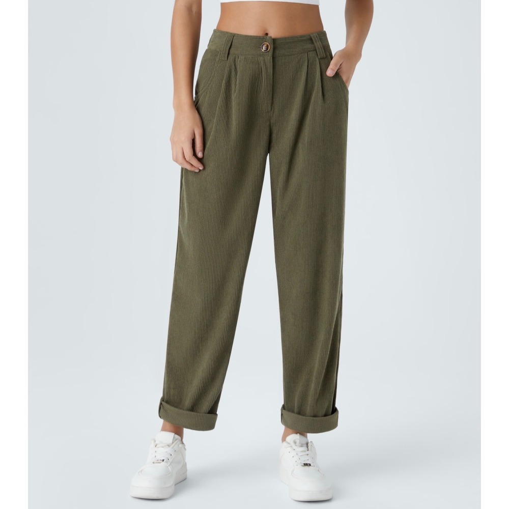 Halara M Petite Olive Green Corduroy Mid Rise Zipper Pocket Casual Pants